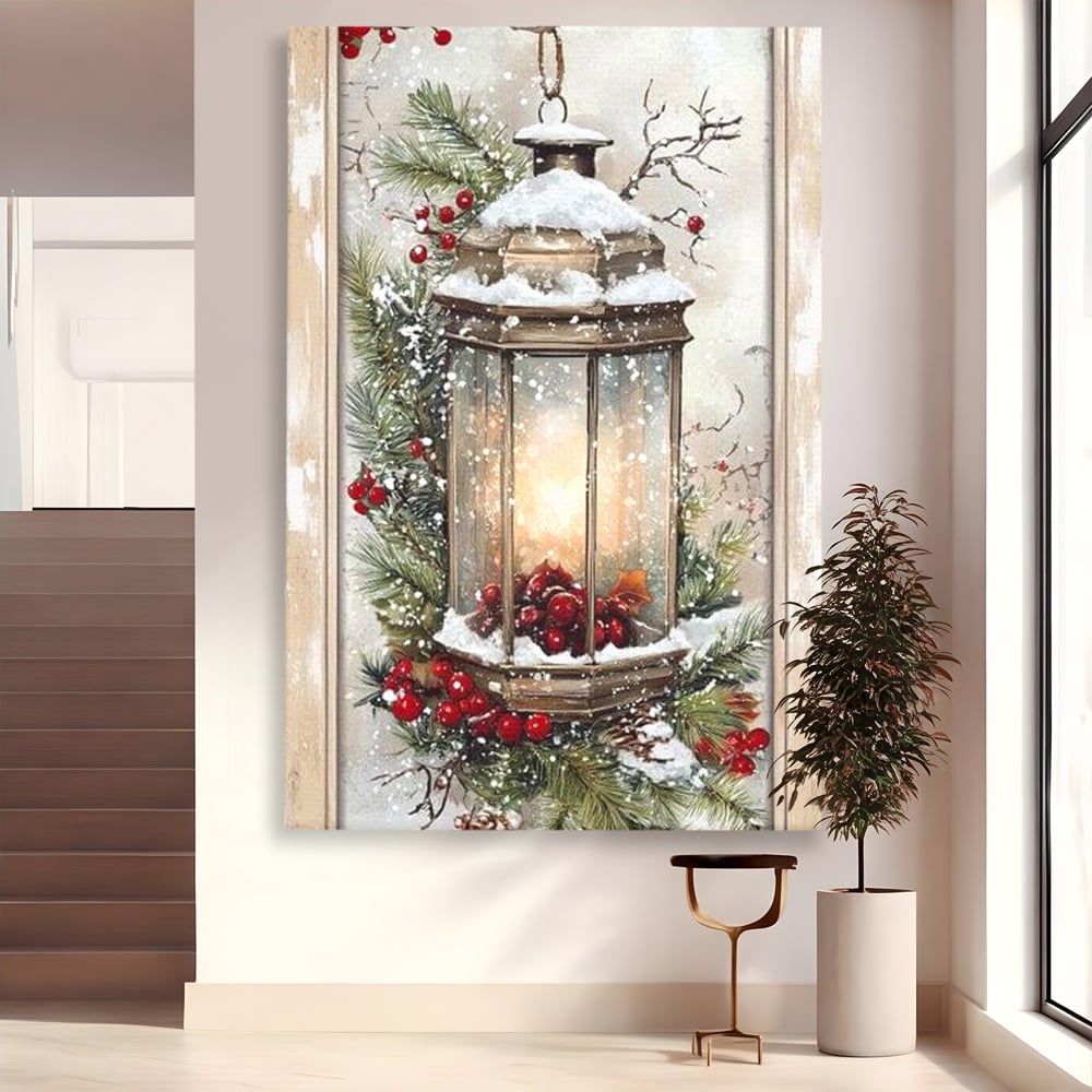 Tablou canvas cu tablou canvas cu felinar de iarna, fara rama, pe sasiu de lemn